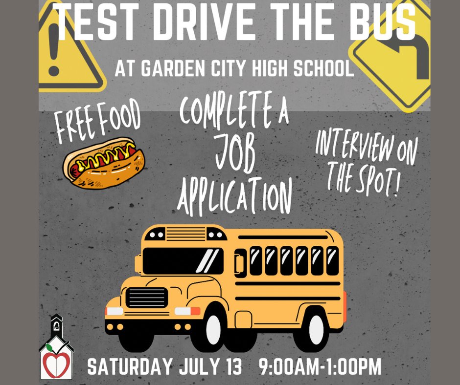 USD457's tweet photo. Test-drive a school bus on Saturday from 9:00 a.m. - 1:00 p.m. at the Garden City High School student parking lot.  All you need is a valid Drivers License.  

~Complete an Application “On Site”
~Interview “On The Spot”

FREE FOOD!

USD 457 Transportation Department is HIRING! https://t.co/vRLVg6yUfr