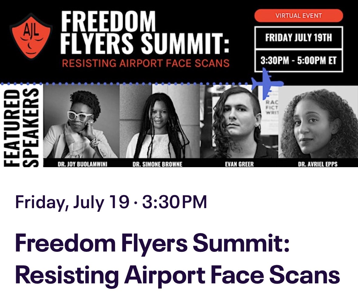 Dr. Joy Buolamwini (@jovialjoy) on Twitter photo Join the resistance to airport face scans! I hope to see you at the inaugural Freedom Flyers Summit bit.ly/optoutclub
<a href="/AJLUnited/">Algorithmic Justice League</a> Join the resistance to airport face scans! I hope to see you at the inaugural Freedom Flyers Summit bit.ly/optoutclub
<a href="/AJLUnited/">Algorithmic Justice League</a>