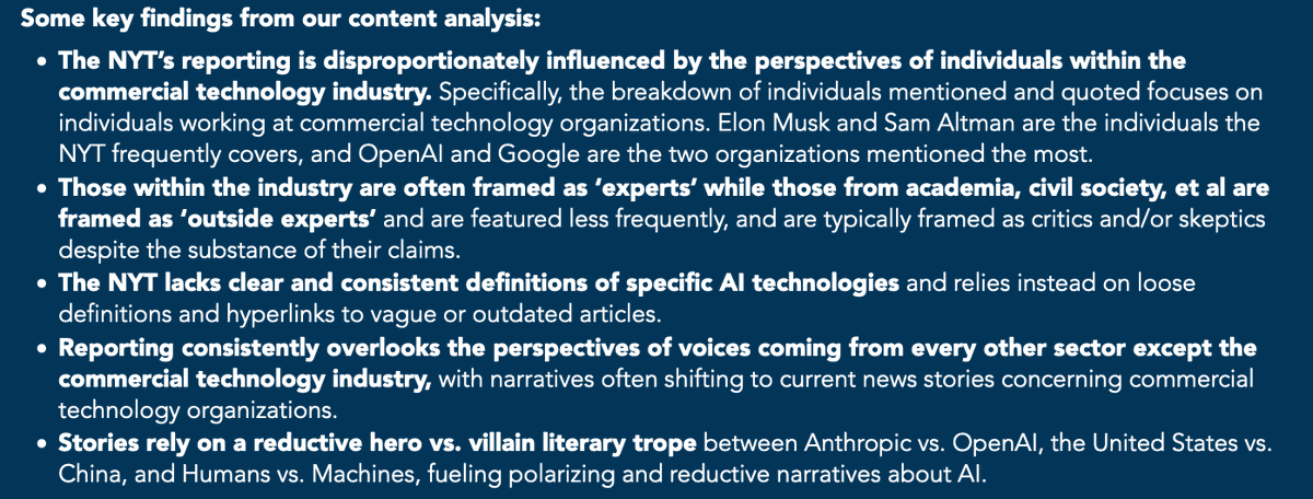 despite little benefit &amp; multitude of harms, AI companies are aggressively pushing GenAI everywhere &amp; successful adoption depends on public perception of AI. so how do prominent venues like NYT report on AI? who’s voices &amp; perspectives are most frequently cited in NYT articles?