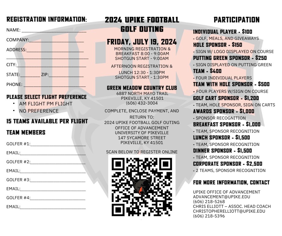 FBCoach_Elliott's tweet photo. Come join UPIKE 🐻Football🏈for our Golf Outing on Friday, July 19 at Green Meadow Country Club⛳️. Morning and Afternoon times available. Register online at 🔗https://t.co/jiiVsZTYoB or you can contact me at christopherelliott@upike.edu. @UPIKEFOOTBALL @UPIKEAthletics @upikebears https://t.co/mnZYuQMkAj