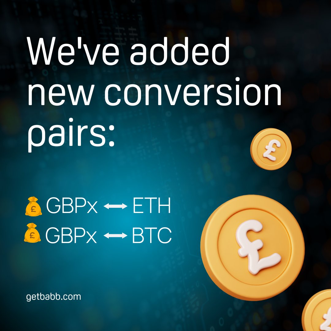getbabb's tweet photo. New Conversion Pairs! 🇬🇧🏆

Convert GBPx to ETH and GBPx to BTC with ease in the BABB App—just in time for the EuroCup excitement! ⚽️

Join the winning team and make your conversions as smooth as England's passes on the field. 🏴󠁧󠁢󠁥󠁮󠁧󠁿

Stay ahead of your game and download the BABB App: https://t.co/Nn8WwRUmOF 

#GetBABB #EuroCup2024