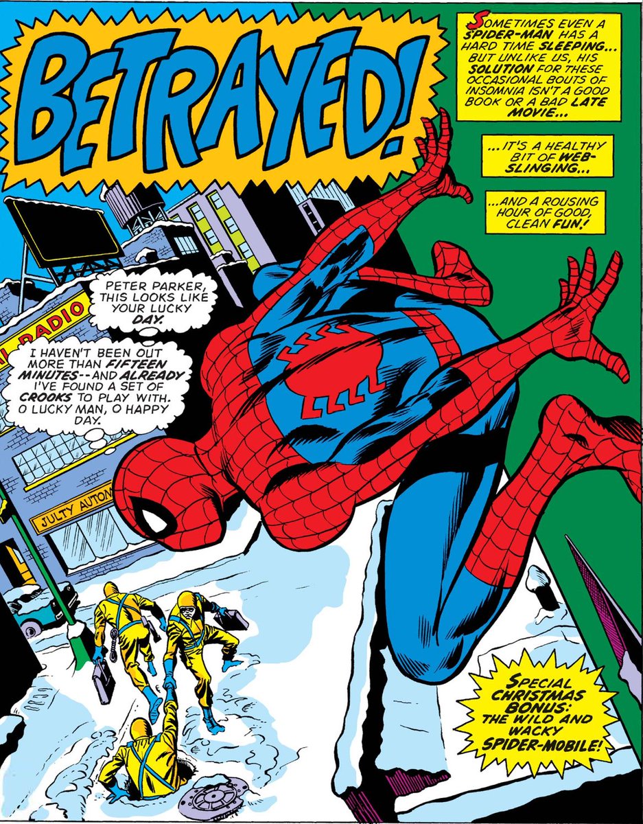 MarvelADay's tweet photo. #MarvelADay #ASM129
Our story opens up with an insomniac Spider-Man spying some criminals engaged in skullduggery. In an era before video games or cable TV, fighting crooks is just what college students had to do to pass the time!
JH https://t.co/BaLZ5c7h3R