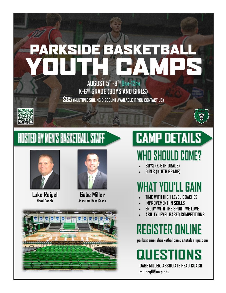 connor_voelker's tweet photo. Our Youth Basketball Skills Camp will be ran on August 5th-8th from 9:00am-12:00pm at UW-Parkside! 

Camp is open to anybody entering grades K-7th grade for the 2024-2025 school year! 
Registration is done online and can be done following this link: https://t.co/8BnhBz5ZTJ https://t.co/WlD7Nwo1vq