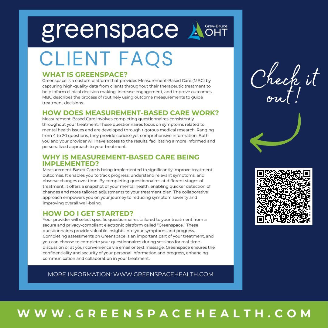 greybruce_oht's tweet photo. 🧠 Mental Health service providers in Grey-Bruce are enhancing care through the Greenspace platform. Swipe to find answers to the most frequently asked questions. 🌿

#MentalHealth #MeasurementBasedCare #Greenspace #Empowerment #GBOHT #OHT #OntarioHealthTeam https://t.co/vT6Wwz2Uou