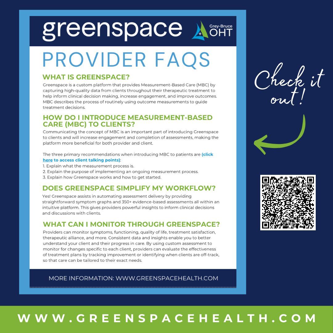 greybruce_oht's tweet photo. 🧠 Mental Health service providers in Grey-Bruce are enhancing care through the Greenspace platform. Swipe to find answers to the most frequently asked questions. 🌿

#MentalHealth #MeasurementBasedCare #Greenspace #Empowerment #GBOHT #OHT #OntarioHealthTeam https://t.co/vT6Wwz2Uou