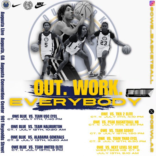 OWELA2's tweet photo. Coaches we will be playing in @madehoops  Augusta Live this weekend . Here’s our schedule . Several college prospects on the roster . DM for any info. 
#OutWork💙💛🏀 @CoachMorris5 @CoachEShepherd @CoachReggie22 @Mal_Mundy @peedee1906 https://t.co/XnO5skfcUP