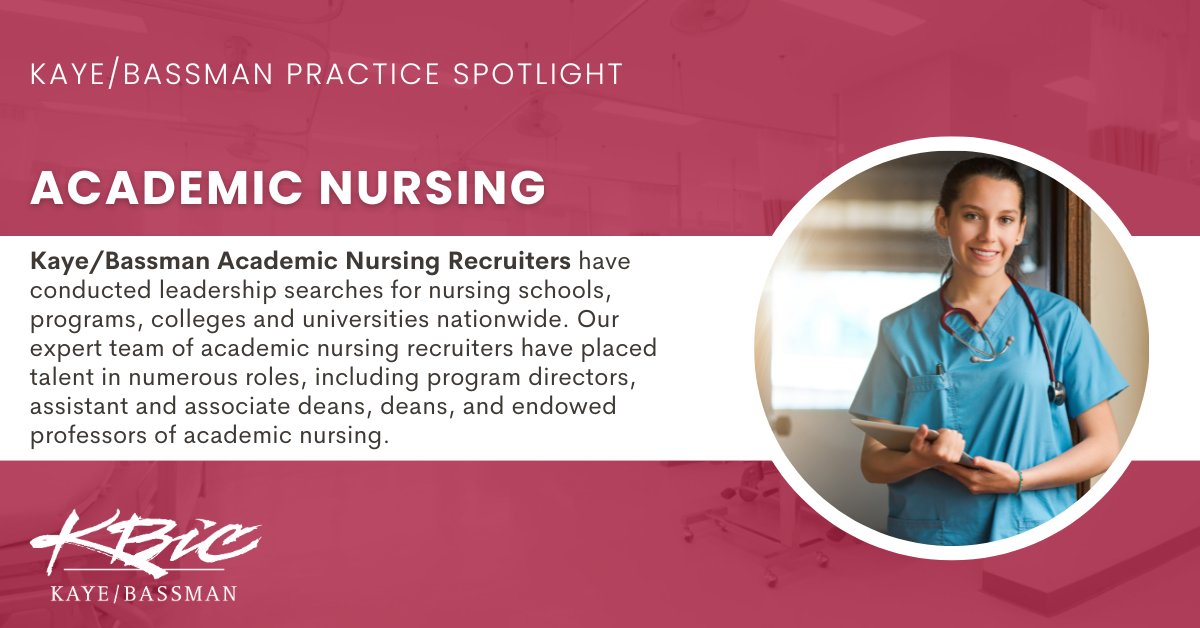 kayebassman's tweet photo. Over the last decade, our Academic Nursing Recruiters have placed top talent in essential leadership positions in academic healthcare for institutions nationwide both large and small. Connect with our team for your next search! #KBIC #Nursing https://t.co/Ak2Z3UyZM5 https://t.co/CFLChy196l