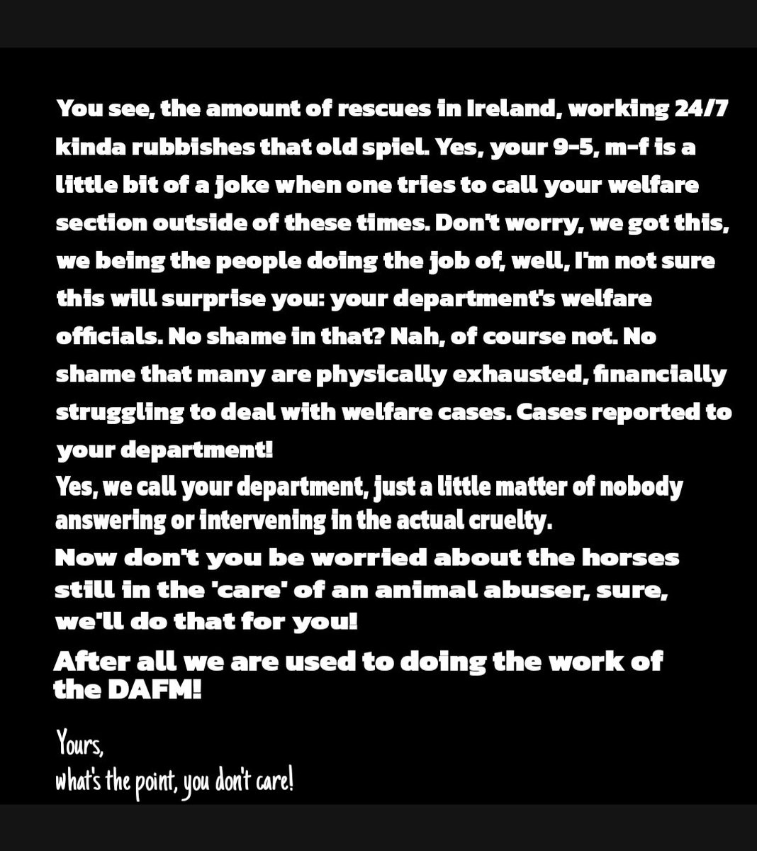 catlowry54's tweet image. Time-consuming rescue work doesn&apos;t allow for those lovely polished PR statements or even formatting. Besides, there is nothing polished about this work: it is hard, it is physical and it&apos;s real. #DAFM is consistently failing the animals suffering in this country.