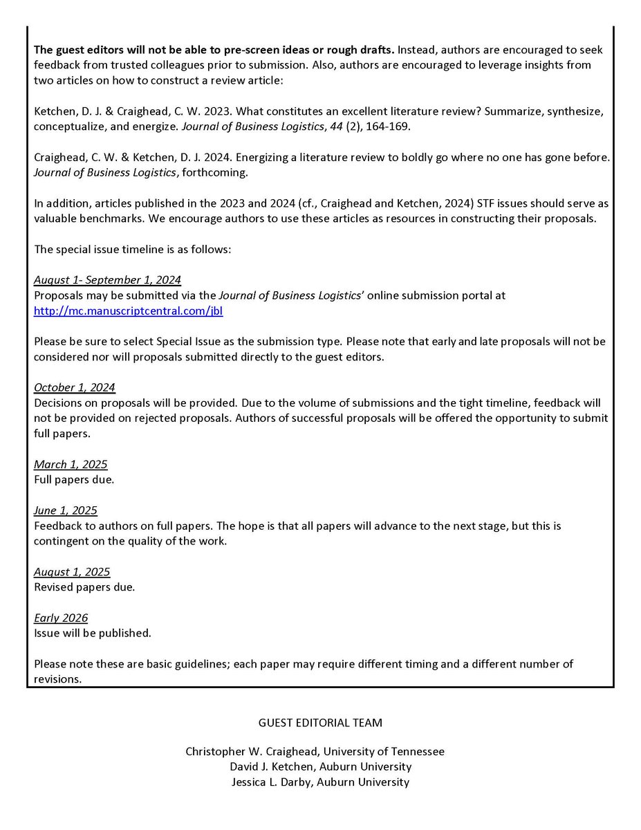 JBizLogistics's tweet photo. Announcing another #SpecialTopicForum! The submission window for our Annual Review Issue on Past Accomplishments and Future Challenges within Supply Chain Management Research opens August 1. Check out the #callforpapers below or visit our website for more information: https://t.co/onYbtTLQQA