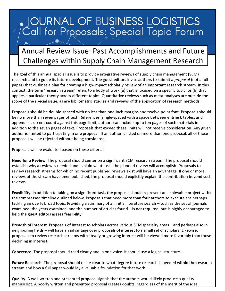 JBizLogistics's tweet photo. Announcing another #SpecialTopicForum! The submission window for our Annual Review Issue on Past Accomplishments and Future Challenges within Supply Chain Management Research opens August 1. Check out the #callforpapers below or visit our website for more information: https://t.co/onYbtTLQQA