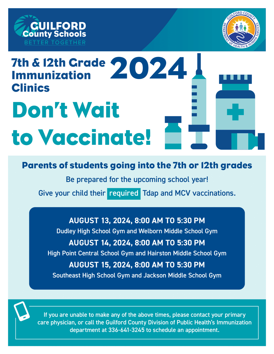 GCSchoolsNC's tweet image. #BackToGCS | For students entering the 7th or 12th grade, there are required vaccinations. GCS will provide immunization clinics for students in August, so be sure to mark your calendars!