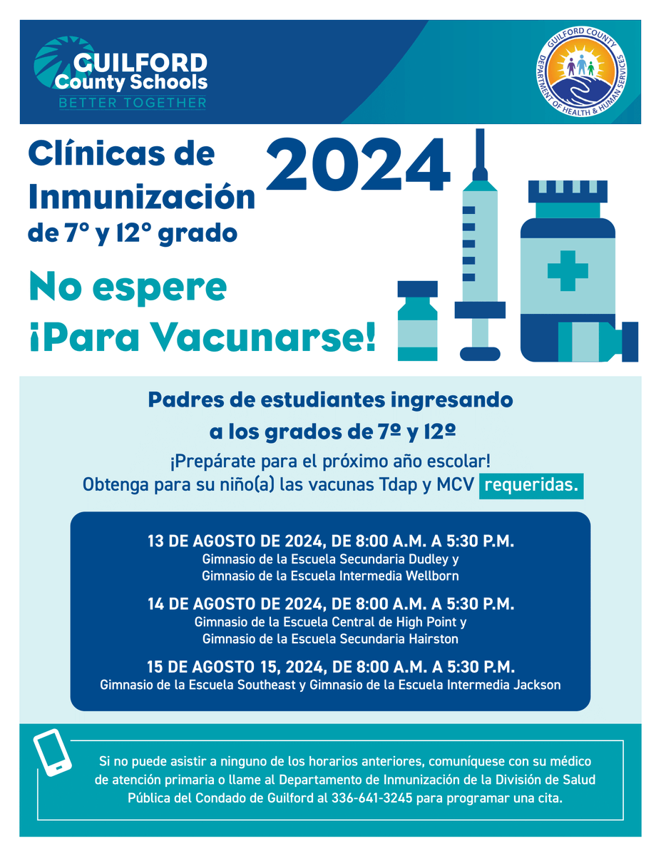 GCSchoolsNC's tweet image. #BackToGCS | For students entering the 7th or 12th grade, there are required vaccinations. GCS will provide immunization clinics for students in August, so be sure to mark your calendars!