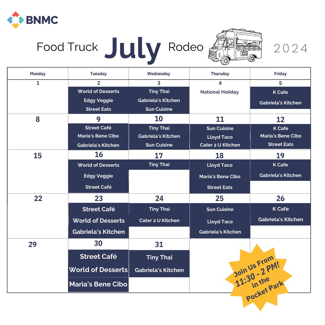 BnmcInnovates's tweet image. 🚚  Our favorite food trucks are rolling up and you should too! 
 Tuesday through Friday, join us from 11:30 AM to 2 PM for some mouth-watering delights. 
Check the schedule and make your lunch plans now! See you there! 🍕🍟
#FoodTruckRodeo #BNMC #Buffalo