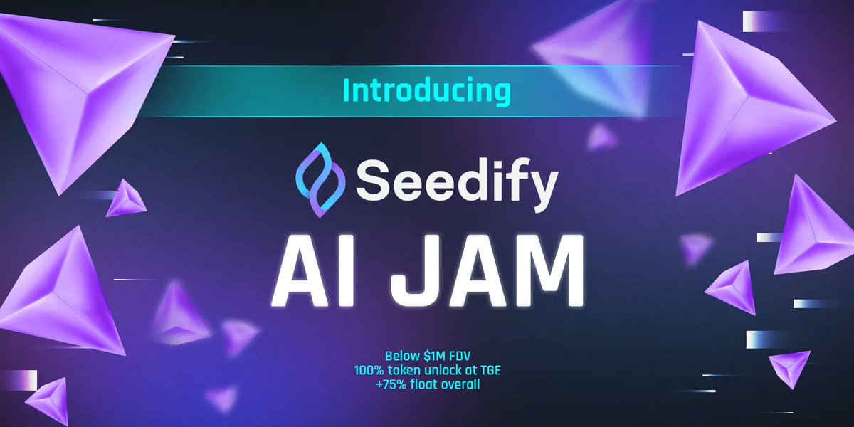 vibevibefun's tweet photo. Seedify AI Jam has an ambitious goal: reshape the industry and bring a breath of fresh air to the way projects are launched!

Here's how we're gonna do it:
⚡️ Below $1 million FDV
⚡️ 100% token unlock at TGE (+75% float overall)
⚡️ 10-week incubation for 10 AI projects
⚡️ Guide projects with tokenomics, branding, funding, community building and more

Get to know all the details about AI Jam in our brand new article 👇