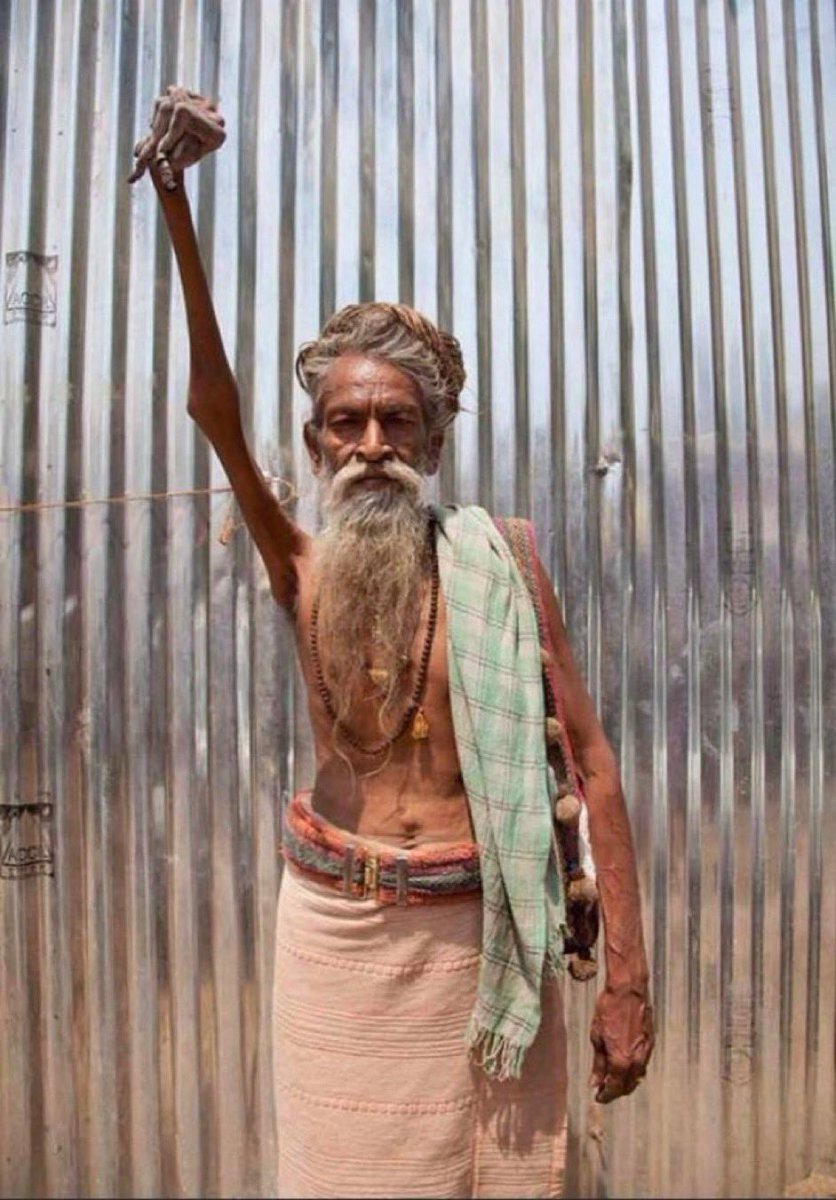 MorbidKnowledge's tweet photo. In 1973, Amar Bharati lifted his right hand in the air and has held it up for the last 50 years in a testament of his devotion to the Hindu deity Shiva. His arm has become so withered that it’s essentially dead.

Bharati once said he plans to keep his arm raised until his dying breath, and he hopes that his act will eventually lead to change in the world.