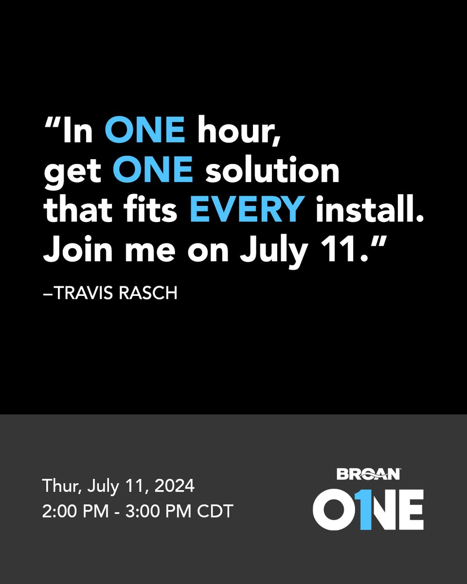 Last call to sign up for tomorrow’s FREE Broan® ONE Webinar with Travis Rasch, Group Product Manager for Broan’s Fresh Air Systems. Don’t wait! Just one hour could save you hours of time (and money!). Get on the list now:  <LINK>

#BroanOne #FreshAirSystems