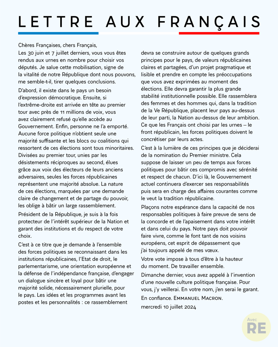 Emmanuel Macron appelle les forces politiques républicaines à “un dialogue sincère et loyal pour bâtir une majorité solide, nécessairement plurielle, pour le pays”.