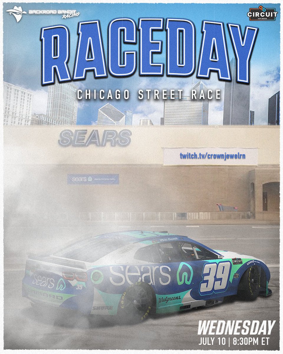 🏁 RACE DAY! 🏁

We're ready to take on the Chicago Street Race! 🏙️🔥

Catch all the action with the #39 <a href="/Sears/">Sears</a> Chevrolet Camaro as we tear up the streets tonight at 8:30 PM ET!

📺 Watch live on twitch.tv/crownjewelrn

Let's go, Backroad Bandit Racing! 💪💨

Paint: