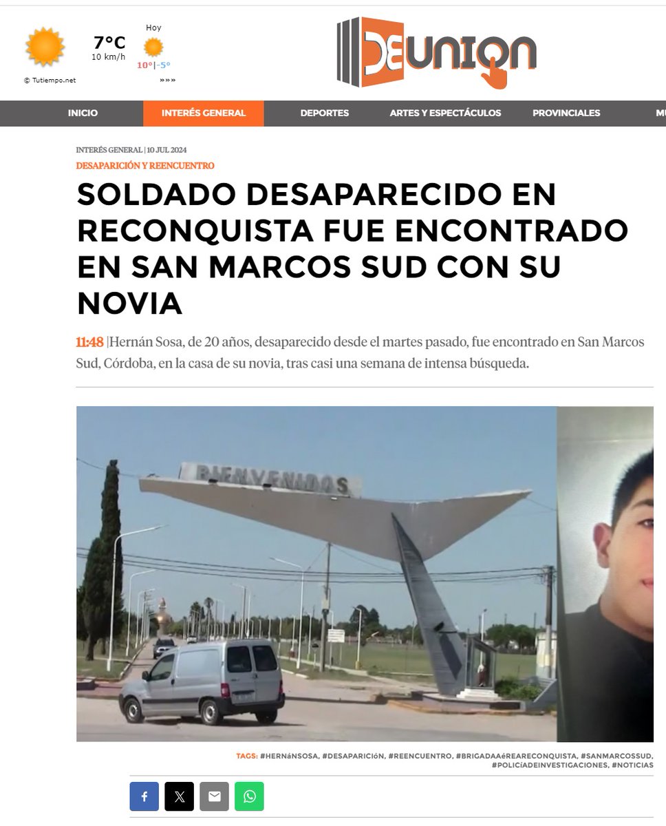 ESTABA EN SAN MARCOS SUD..!!! Soldado desaparecido en Santa Fe, fue encontrado en Córdoba con su novia tras una semana de búsqueda. 
deunion.com.ar/nota/1691/sold…

#HernánSosa #Soldado #Desaparecido #Reencuentro #SanMarcosSud  #CORDOBA <a href="/SanMarcosSud/">LaPAGINAdeSANMARCOS</a>