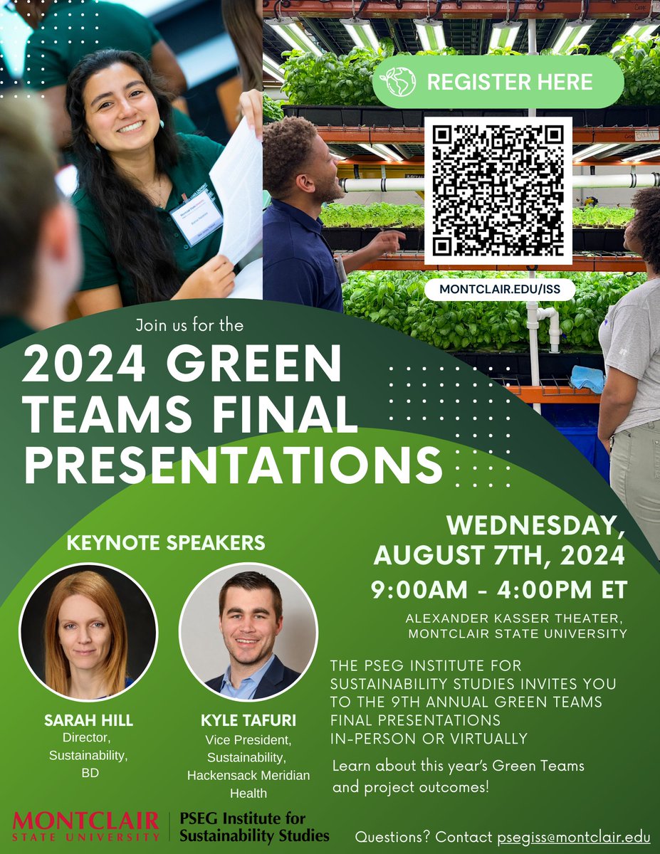 The 2024 Final Presentations event for our 9th annual Green Teams Program will be taking place on Wednesday, August 7th, 2024 from 9:00 AM - 4:00 PM ET! Please join us in person at Montclair State University’s Alexander Kasser Theater, or virtually. RSVP: bit.ly/4bExaNm