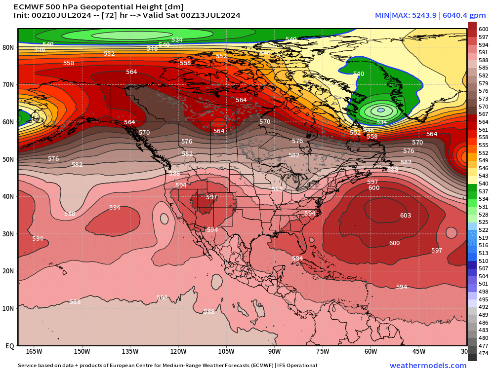 RyanWeather's tweet photo. Any (good) explanations for this 6040 m ridge setting up shop off the East Coast into the weekend? 

By far a record strong "heat dome" BUT over the ocean.