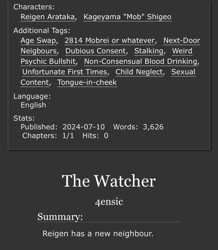 wrote a little next-door-neighbours ageswap stalking. not expecting this to get any traction. it’s just my favourite piece of writing, just a little experimental thing

#mobrei #モブ霊

archiveofourown.org/works/57272491