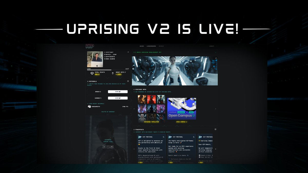 THE UPRISING V2 IS LIVE 🔥

Our community airdrop campaign just got a whole lot spicier!

V2 brings:
- Exciting new features
- Point Boosters updates
- New ways to earn points
- Sleeker UI
- And much more...

Join now ▶️ uprising.kip.pro

Now let's dive into V2 details! 🧵