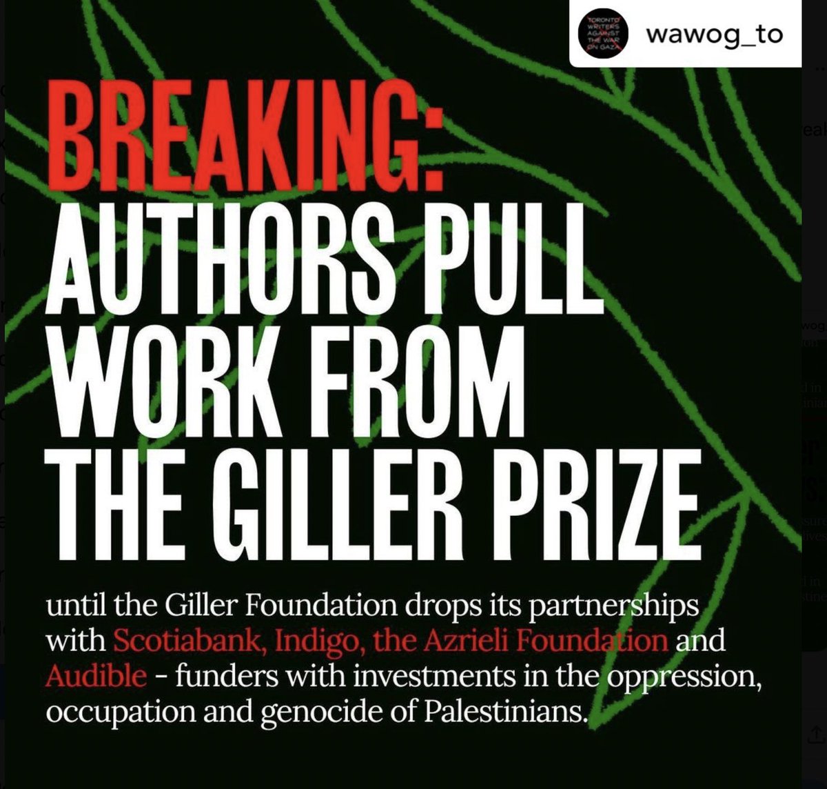 DesmondCole's tweet photo. Fiction writers in Canada are withdrawing from the 2024 Giller Prize. 

Authors want Giller Foundation to cut ties with companies that support Israel's military. They're also expressing solidarity with those arrested for disrupting last year's ceremony

https://t.co/GM29Jq3dMc https://t.co/HZa29KT0Bo