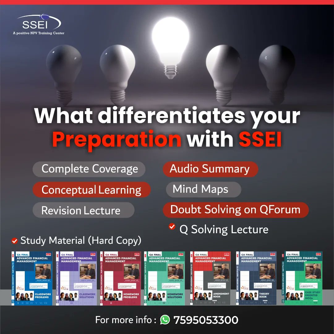 SSEI_Education's tweet image. Shape your career in finance with the most comprehensive and conceptual learning integrated with real-world case studies.📈 

For CA Final AFM LIVE course details, please 

ssei.co.in/products/CA%20…

ulurn.in/category/ca-fi…

Call / WhatsApp : +91 7595053300

#ca #CAFinalClasses
