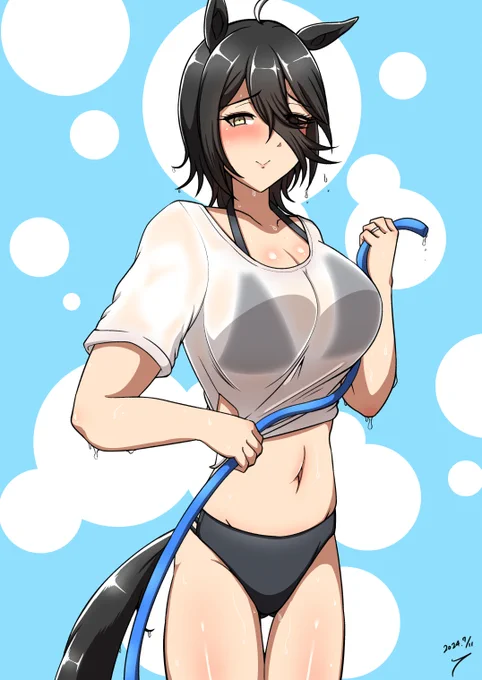 水着嫁カフェ～濡れ透けシャツ編～2枚目は、なんか昔あった「何も着ていないように見えるクリアファイル」みたいなアレをやりたかった。#マンハッタンカフェ#ウマ娘 