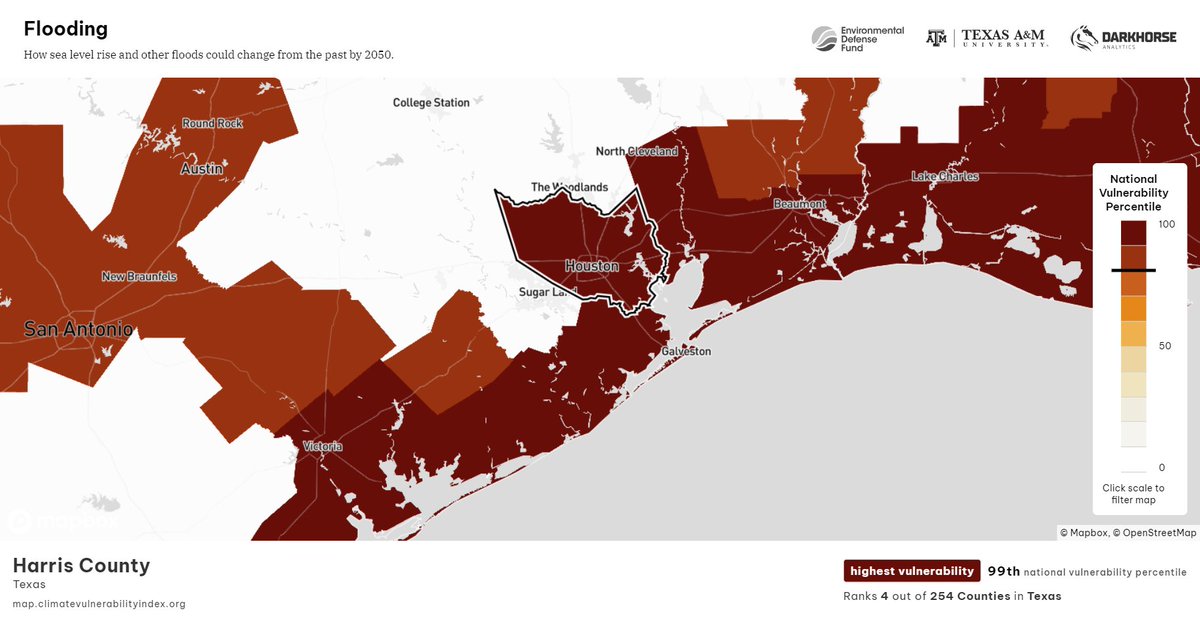 EDFaction's tweet image. Climate change is transforming our summers into states of emergency. @EnvDefenseFund's U.S. Climate Vulnerability Index helps show why storms like #HurricaneBeryl become complex disasters in places like Houston. #ExtremeWeatherSZN