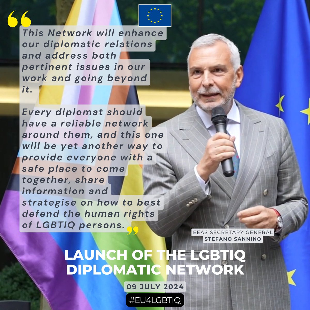Stefano Sannino (@sanninoeu) on Twitter photo Proud to launch the EU LGBTIQ+ diplomatic network. The <a href="/eu_eeas/">European External Action Service - EEAS 🇪🇺</a> welcomes all colleagues, without discrimination.
So, join the network. Share your perspectives. To enrich our work. To make the EEAS more inclusive.
Together. Proud to launch the EU LGBTIQ+ diplomatic network. The <a href="/eu_eeas/">European External Action Service - EEAS 🇪🇺</a> welcomes all colleagues, without discrimination.
So, join the network. Share your perspectives. To enrich our work. To make the EEAS more inclusive.
Together.