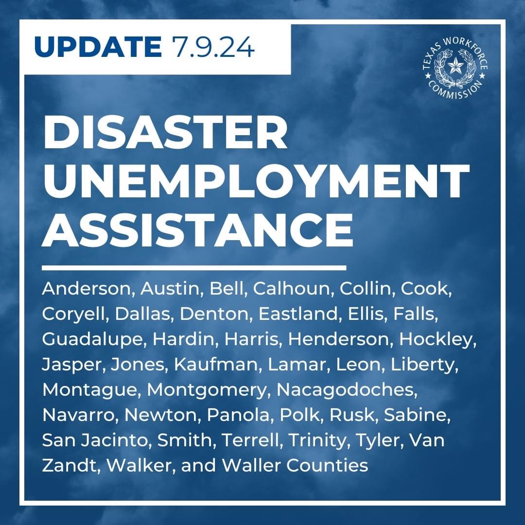 LambdaNextGen's tweet photo. 📢 DUA is now available in 40 counties*
⛈️️ TWC is accepting applications due to recent severe weather.
✅ Apply at (800) 939-6631 or https://t.co/gK93IR56VD
📅 Apps must be submitted by July 16, 2024 *Additional counties may be added.

#HoustonStrong #HoustonRegionStrong #Beryl https://t.co/w7idMYlIGM