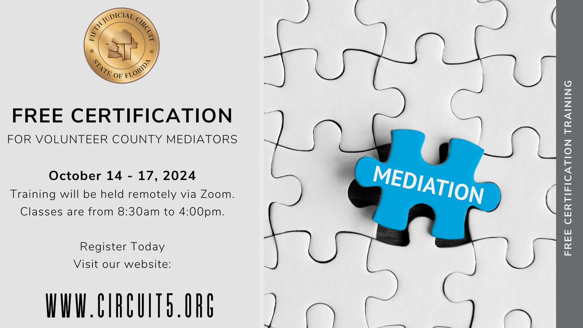 circuit5's tweet image. #Circuit5 is offering a FREE certification course for volunteer county mediators this October 14-17, 2024.
💻 Training will be held remotely via Zoom from 8:30am to 4:00pm each day.
➡️For information and to register, visit: tinyurl.com/3spbpy7s
 #Mediators #CertificationCourse