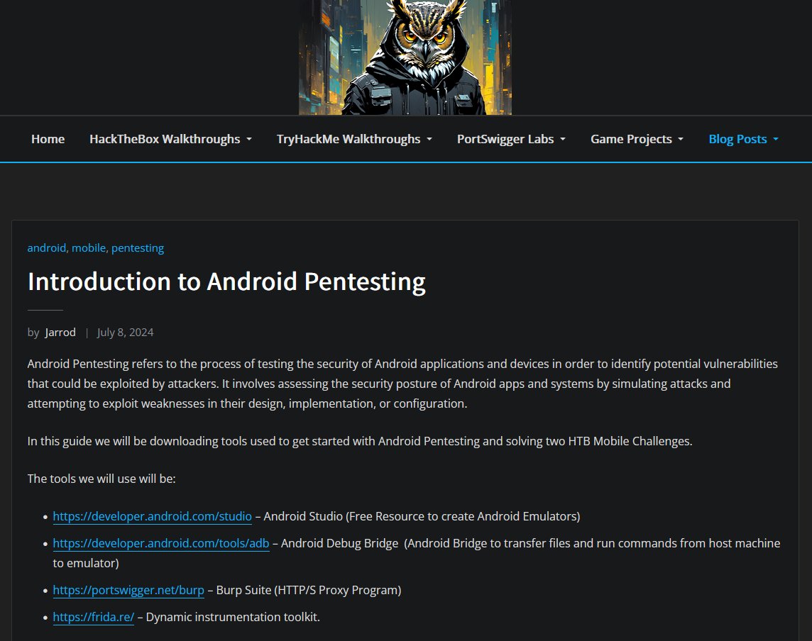 Jr0dR87's tweet image. I created a guide on Introduction to Android Pentesting. This is used to help get an environment setup and complete two HTB Mobile Challenges. #ethicalhacking
owlhacku.com/introduction-t…