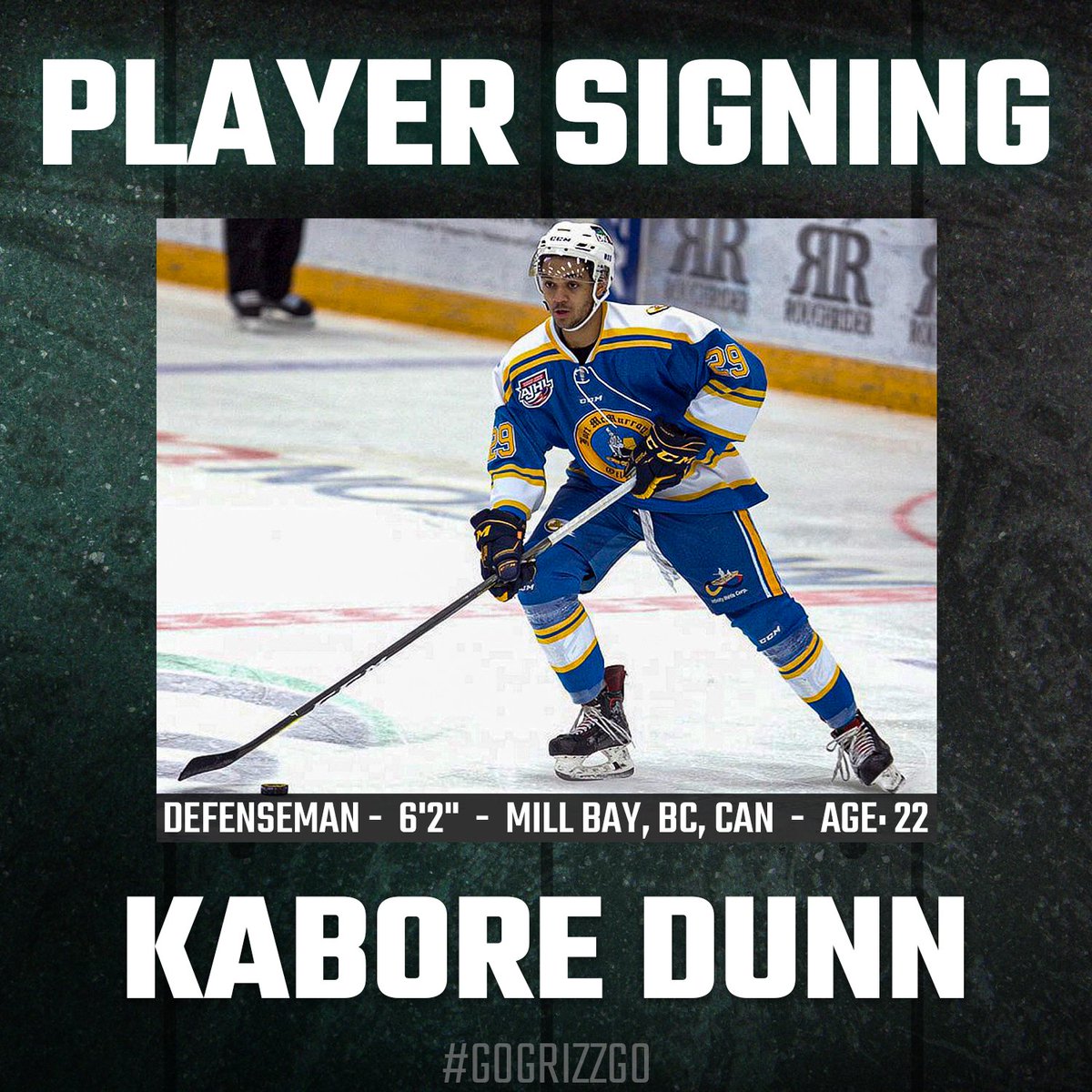 UtahGrizzlies's tweet photo. The Utah Grizzlies have signed defenseman Kabore Dunn for the upcoming 24-25 season
Dunn played in 29 games with the BCHL’s Trail Smoke Eaters in the 21-22 season, scoring 1 goal and 10 assists.
Read more | https://t.co/DngoQ4RTpu
#GoGrizzGo🐻🏒 https://t.co/OhTcpm7L7n