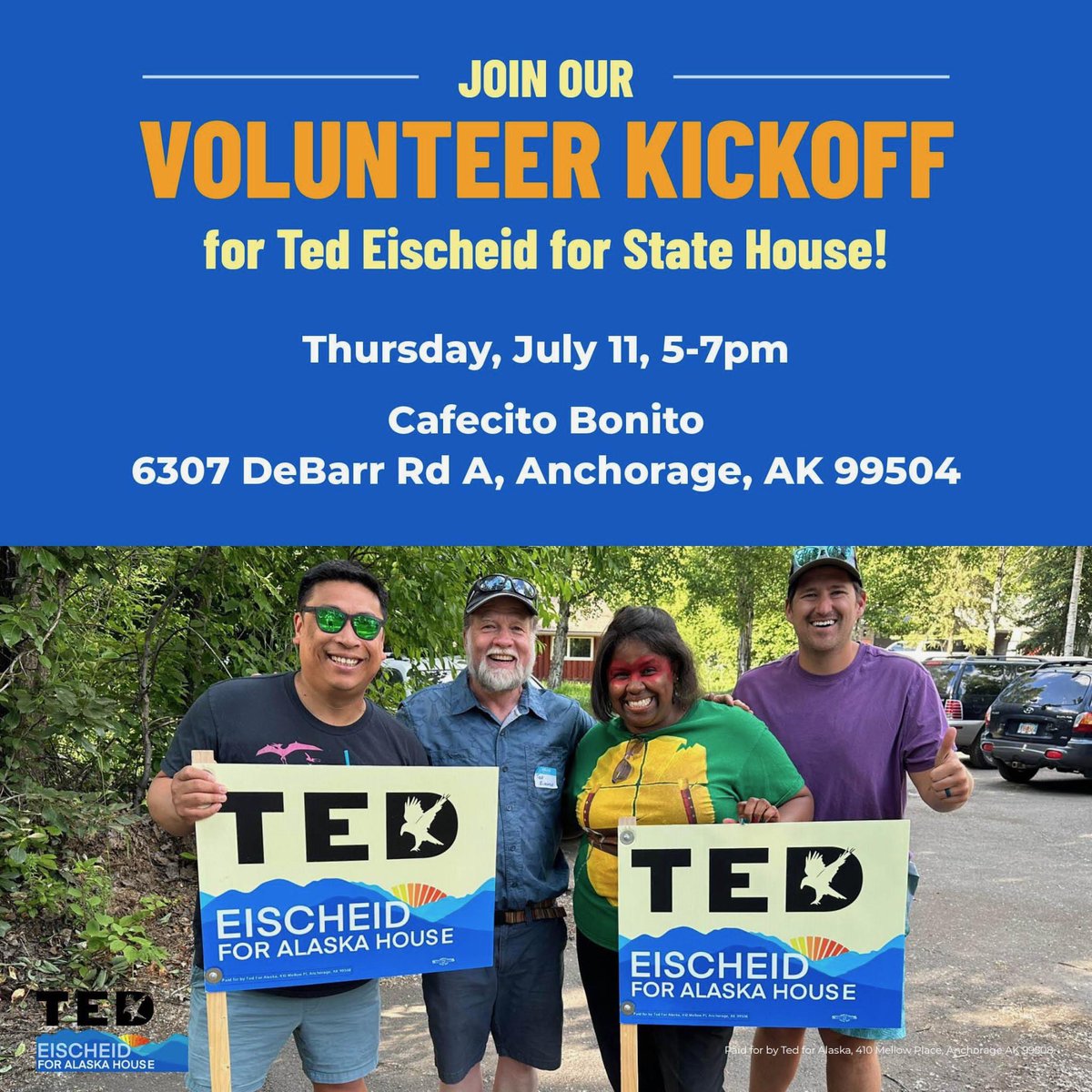 Thursday July 11th <a href="/Cafecito_Bonito/">Cafecito Bonito</a>  find out how you can join #TeamTed and help flip the house. <a href="/TedForAlaska/">Ted Eischeid</a>
