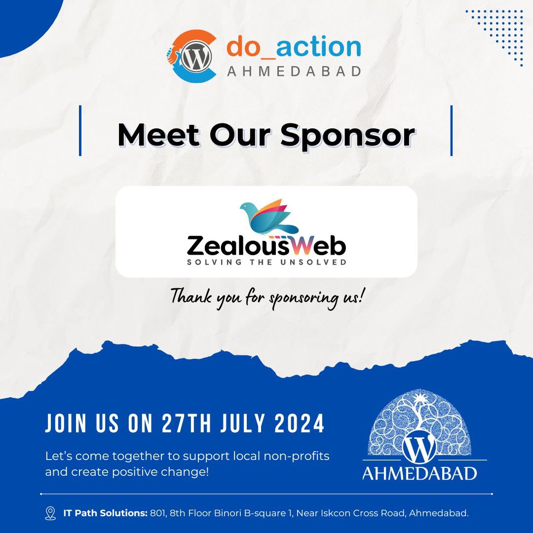 WCAhmedabad's tweet image. 🎊 Thank you, ZealousWeb for sponsoring do_action Ahmedabad 2024! 🙌 Your support empowers us to create a lasting impact. 

doaction.wpahmedabad.org/thank-you-zeal…

#DoAction #ZealousWeb #WordPress #Charity #WPAhmedabad #WCAhmedabad
#Ahmedabad2024 #WordPressCommunity
