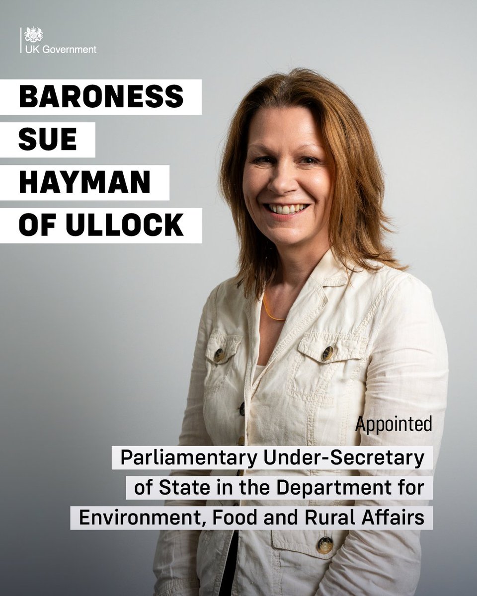 Baroness Sue Hayman @SueHayman1 has been appointed Parliamentary Under-Secretary of State in the Department for Environment, Food and Rural Affairs.