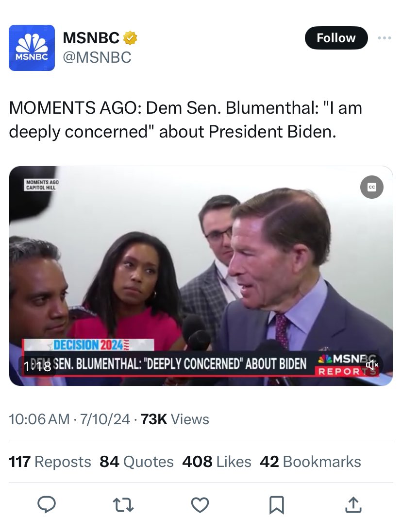 ArtCandee's tweet photo. FFS!

MSNBC is shameful for not sharing Senator Blumenthal’s full quote:

“I am deeply concerned about Joe Biden winning this November because it is an existential threat to the country if Donald Trump wins. So I think that we have to reach a conclusion as soon as possible and Joe Biden as the Democratic nominee has my full support.”

ENOUGH OF THIS!!!!!!!