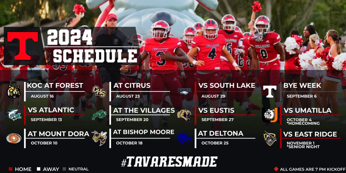 Coach Trey Grant (@coachgrant_ths) on Twitter photo 🚨2024 SCHEDULE RELEASE🚨
Introducing the 2024 <a href="/FootballTavares/">Tavares Football</a> Varsity Football schedule! 🔴⚪️
#TavaresMade
<a href="/FlaHSFootball/">FloridaHSFootball.com</a> <a href="/CenFLAPreps/">Central Florida Preps</a> <a href="/Preps352/">352 Gridiron Preps</a> <a href="/Andy_Villamarzo/">Andy Villamarzo</a> <a href="/PrepRedzoneFL/">Prep Redzone Florida</a> <a href="/DanLaForestFB/">Dan LaForest 🏈</a> <a href="/OS_ChrisHays/">Chris Hays</a> <a href="/osvarsity/">Sentinel Varsity</a> <a href="/JMarkG1962/">Jeff Gardenour</a> <a href="/bighitslive/">BIGHITSLIVE</a> <a href="/kcoppola2016/">Kyle Coppola</a> <a href="/GetStyleMag/">Style Magazine</a> 🚨2024 SCHEDULE RELEASE🚨
Introducing the 2024 <a href="/FootballTavares/">Tavares Football</a> Varsity Football schedule! 🔴⚪️
#TavaresMade
<a href="/FlaHSFootball/">FloridaHSFootball.com</a> <a href="/CenFLAPreps/">Central Florida Preps</a> <a href="/Preps352/">352 Gridiron Preps</a> <a href="/Andy_Villamarzo/">Andy Villamarzo</a> <a href="/PrepRedzoneFL/">Prep Redzone Florida</a> <a href="/DanLaForestFB/">Dan LaForest 🏈</a> <a href="/OS_ChrisHays/">Chris Hays</a> <a href="/osvarsity/">Sentinel Varsity</a> <a href="/JMarkG1962/">Jeff Gardenour</a> <a href="/bighitslive/">BIGHITSLIVE</a> <a href="/kcoppola2016/">Kyle Coppola</a> <a href="/GetStyleMag/">Style Magazine</a>
