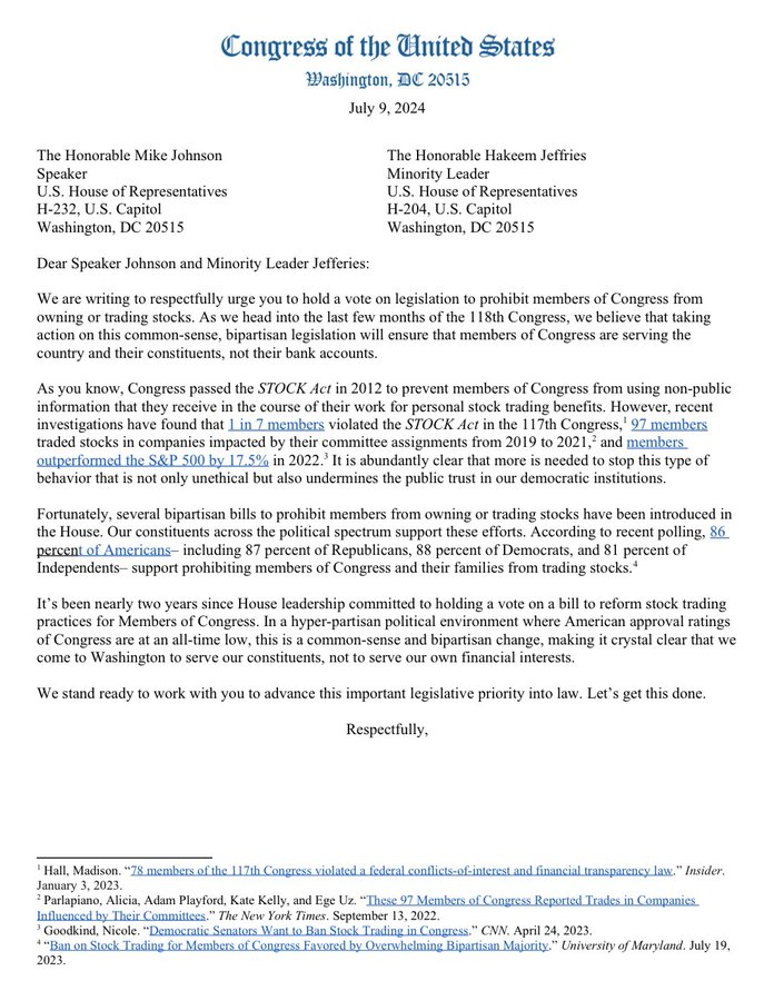 MarioNawfal's tweet photo. 🚨🇺🇸BREAKING: BIPARTISAN SENATORS REACH DEAL ON STOCK TRADING BAN
The legislation aims to prevent members of Congress from profiting off insider information.
Reps. Jared Golden and Brian Fitzpatrick led the push, with committee markup set for July 24.
This initiative has strong bipartisan support to enhance ethical standards in Congress.
Source: Deep Newz