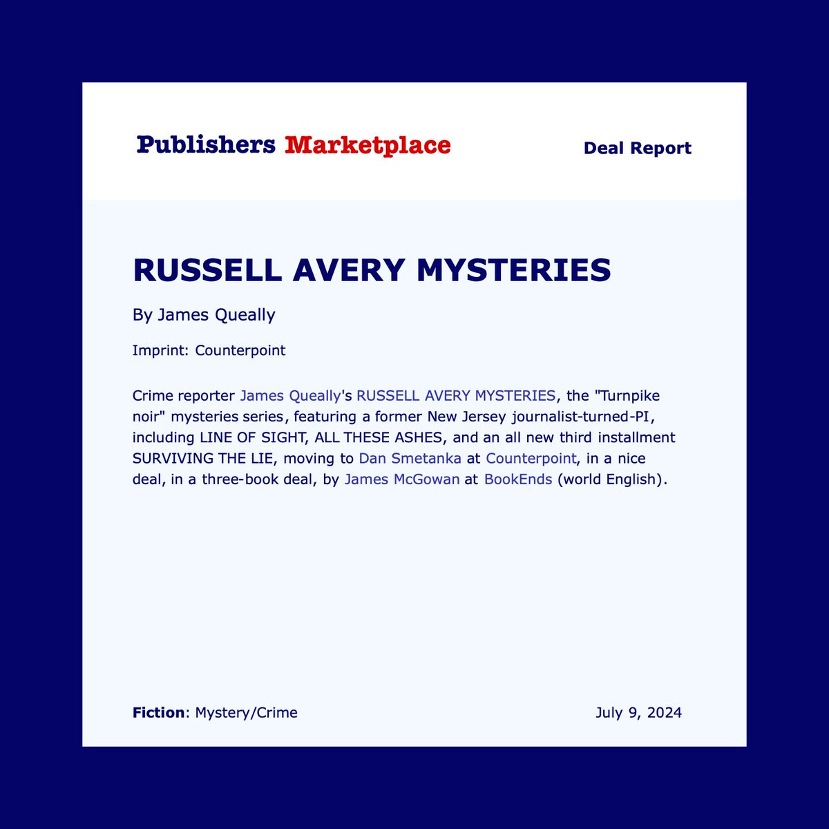 JamesQueallyLAT's tweet image. In positive news: Russell Avery lives!
Thrilled to announce @CounterpointLLC has acquired my books, including the new chapter, SURVIVING THE LIE, continuing the age old battle of Ex-Journalist V. Conspiracy Nuts.
Thanks to @jmcgowanbks & @DanSmetanka for making this possible!
