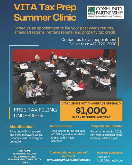 CPOzarks's tweet photo. 🗓️ Save the date for our Volunteer Income Tax Assistance (VITA) Tax Prep Summer Clinic. Book your appointment to submit previous year's filings, amended returns, renter's rebate, and property tax credit by contacting us at 417-720-2000 via call or text. #FREETaxFiling #CPOzarks https://t.co/qG3IwuWR3m