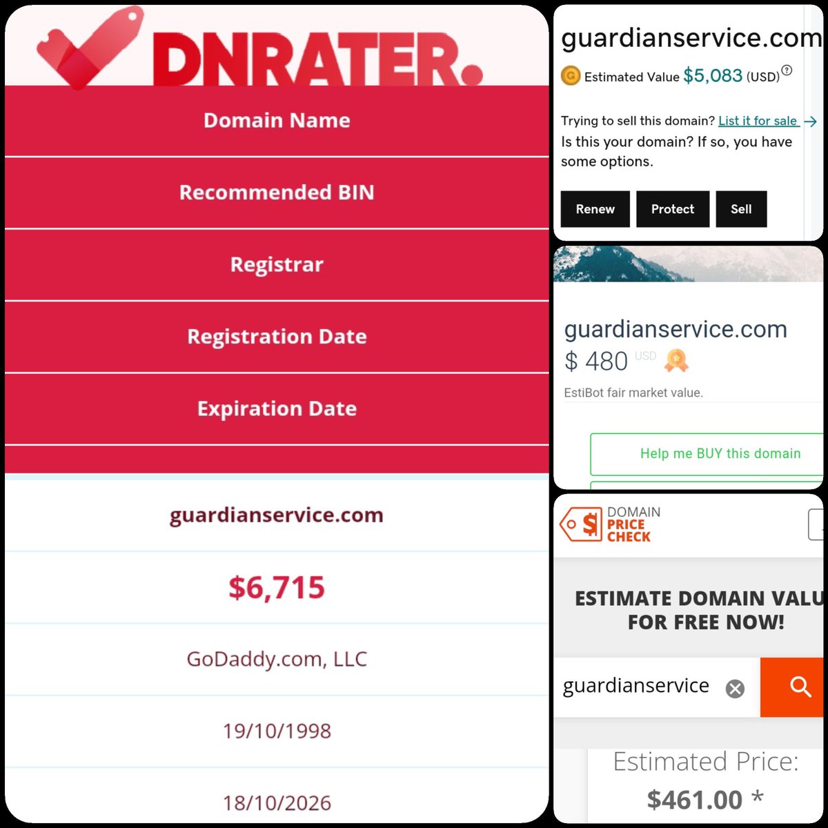 🌐 GuardianService .com

💰Sold Price : $6,888
✔<a href="/DNRater/">DNRater</a> Recommended BIN : $6,715 😍🔥
✔Godaddy Estimation : $5,083
✔Estibot Valuation : $480
✔InternetX Appraisal : $461

📌Venue : <a href="/afternic/">Afternic</a> 
 📆2024-06-30