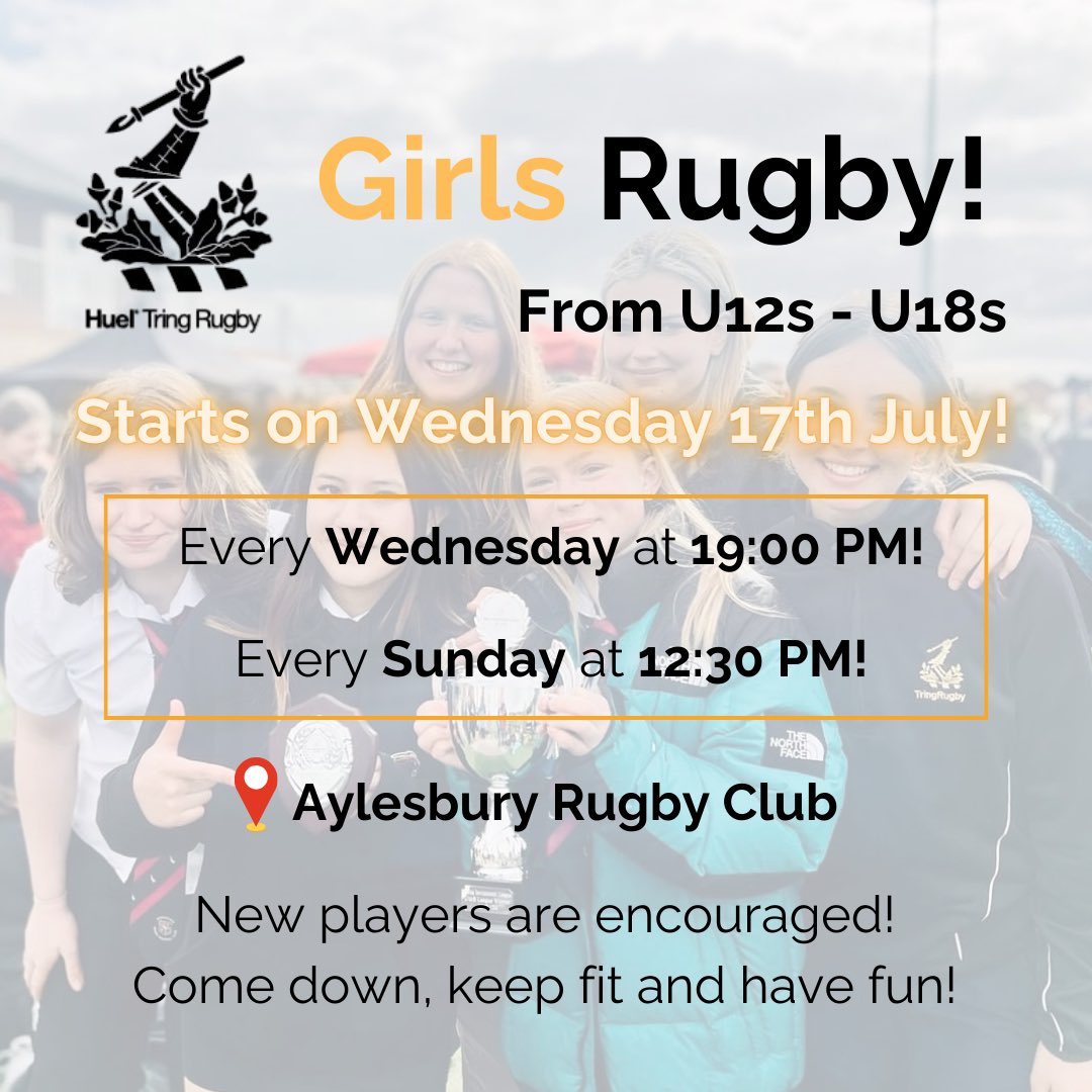 HUEL TRING GIRLS RUGBY!

As part of a tri-club team, we are excited to announce the start of the Girls 2024/25 season on Wednesday 17th July, at Aylesbury Rugby Club.

Wednesdays @ 19:00 - 20:00
Sundays @ 12:30 - 14:00

Come down, keep fit and have fun!