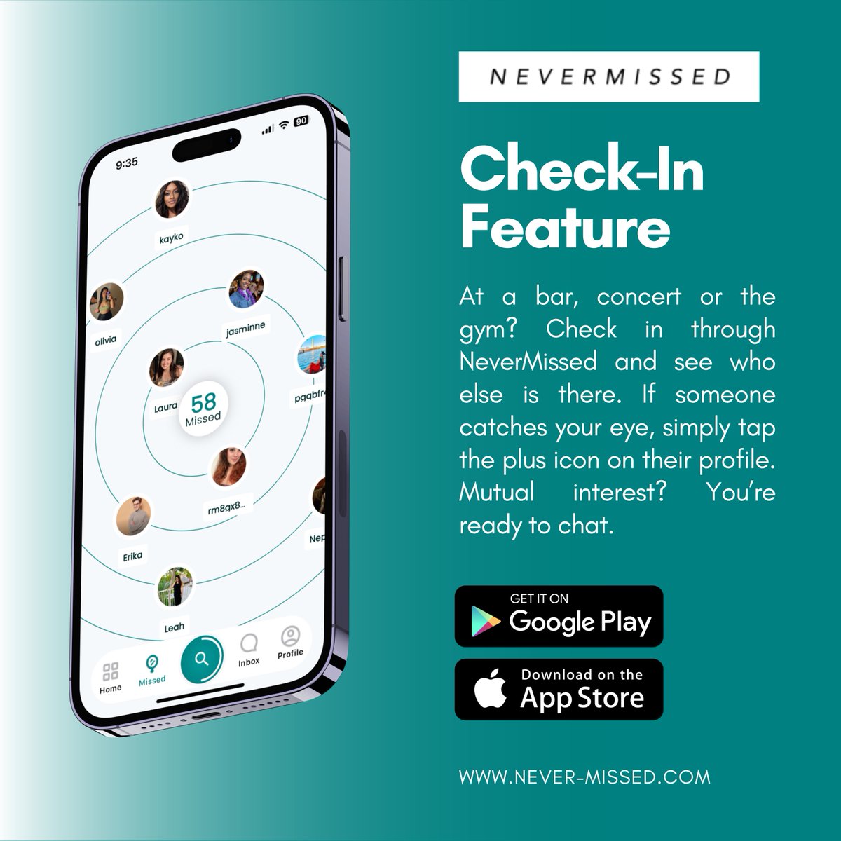 NeverMissedApp's tweet image. With NeverMissed&apos;s Check-In feature, see who&apos;s around at your favorite spots—bar, concert, or gym. Check in, browse nearby profiles &amp;amp; tap the plus icon if someone catches your eye. If they do the same, it’s a match! Make real-life connections happen with NeverMissed. #appfeatures