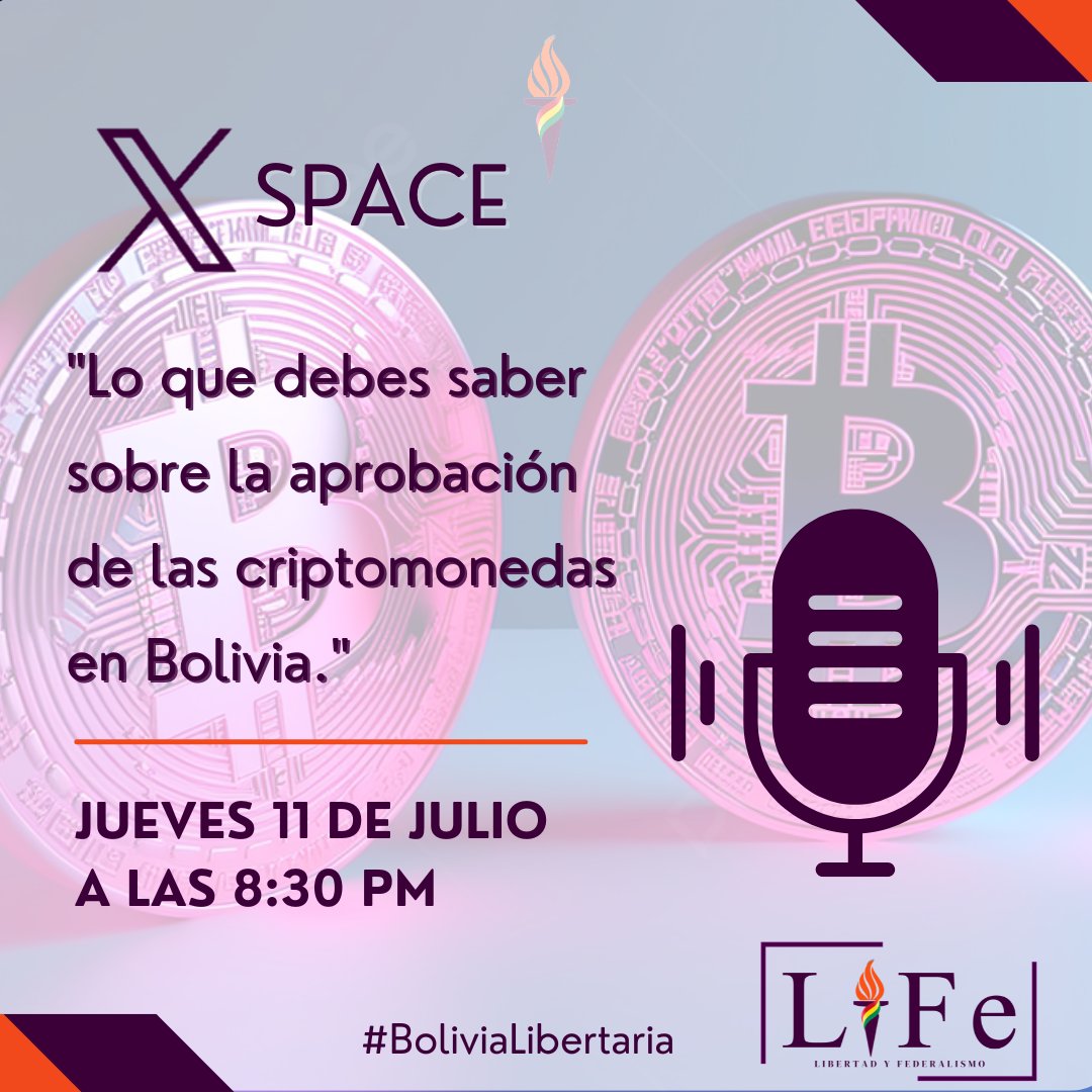 Los invitamos al proximo espacio que se llevará a cabo el jueves 11 de julio a las 8:30 PM para comentar sobre la aprobación de las criptomonedas en Bolivia, lo que la población debe saber y lo que no cuentan las autoridades. Saludos.
#LibertadYFederalismo #BoliviaLibertaria