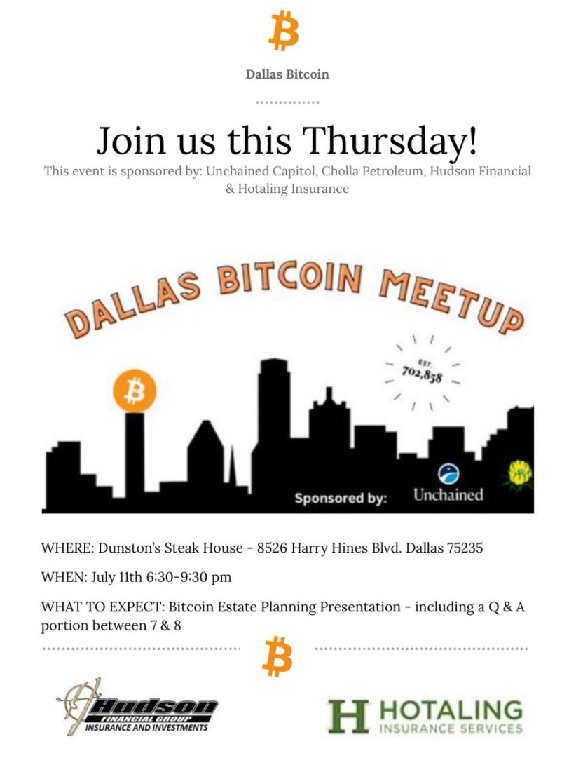 BossHogCapital's tweet image. 🚨 Dallas #Bitcoin Meetup🚨

When: Tomorrow at 6:30p
Where Dunston’s on Harry Hines (Note: new location❗️❗️❗️)