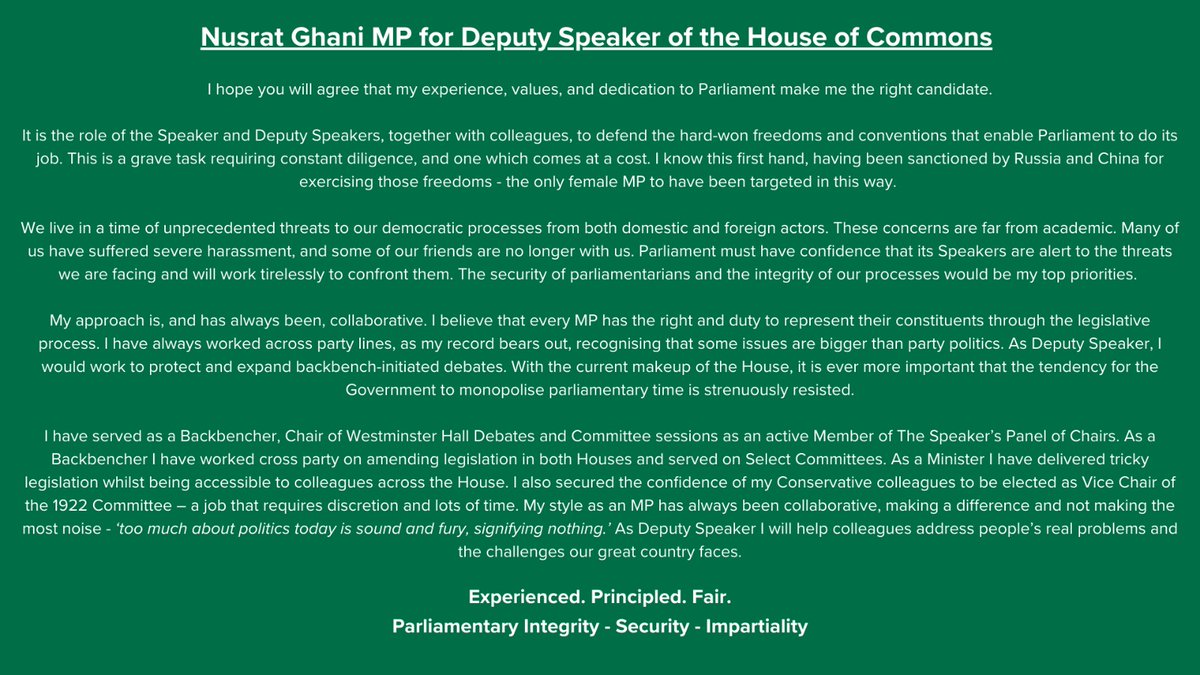After careful consideration, I've decided to run for Deputy Speaker of 🇬🇧 House of Commons.
My priorities are: Parliamentary Integrity, Security &amp; Impartiality.
Read my statement below👇🏽